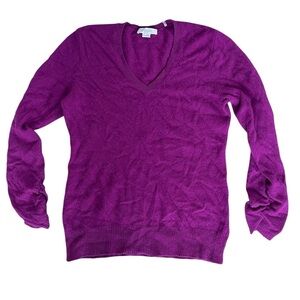 Christopher Fischer 100% Cashmere V-Neck Sweater Ruched Sleeves Fuschia - Large